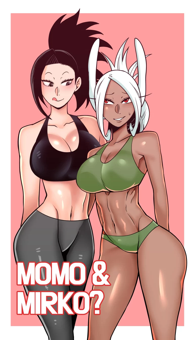 Momo and Mriko are standing in sportswear with big boobs.