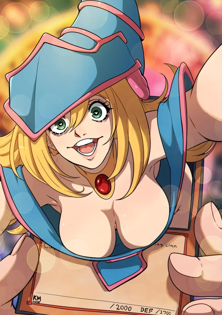 Dark Magician Girl close-up with her tits hanging out.
