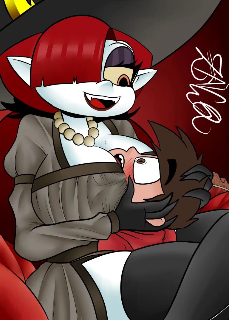 Hekapoo squeezes Marco between her big tits.