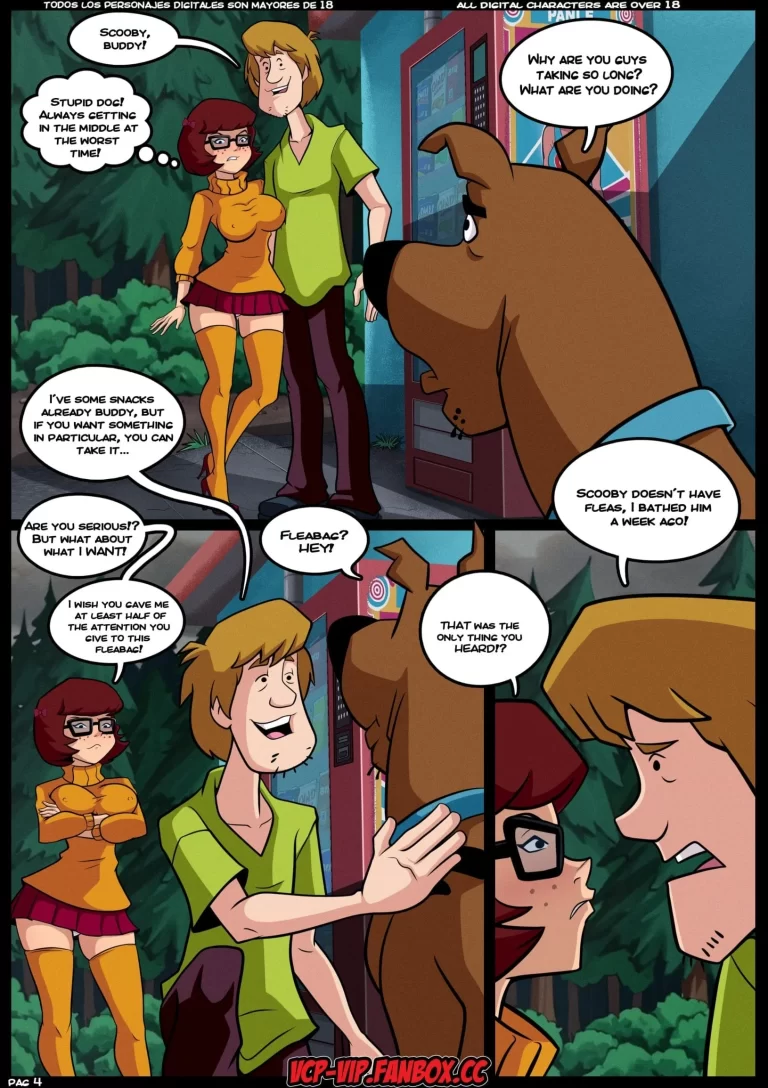 Scooby-Doo distracts Shaggy from Velma.
