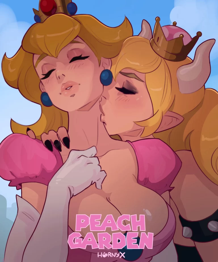 Princess Peach and Bowsette kiss and seduce each other.
