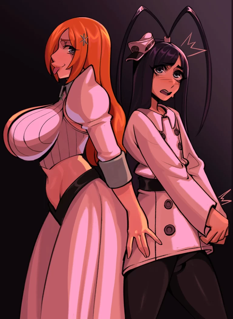 Giselle and Orihime stand pressed against each other with big breasts.