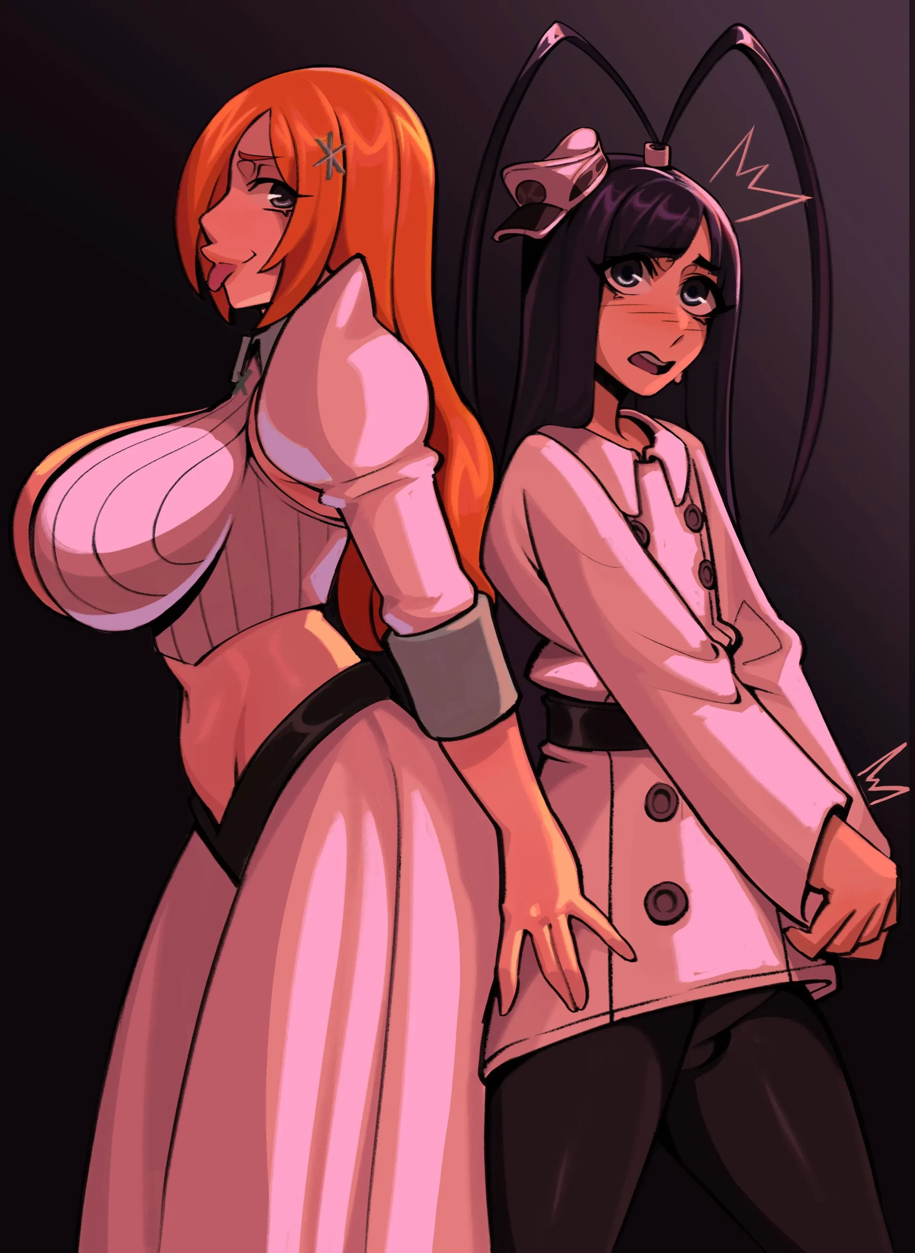 Giselle and Orihime stand pressed against each other with big breasts.