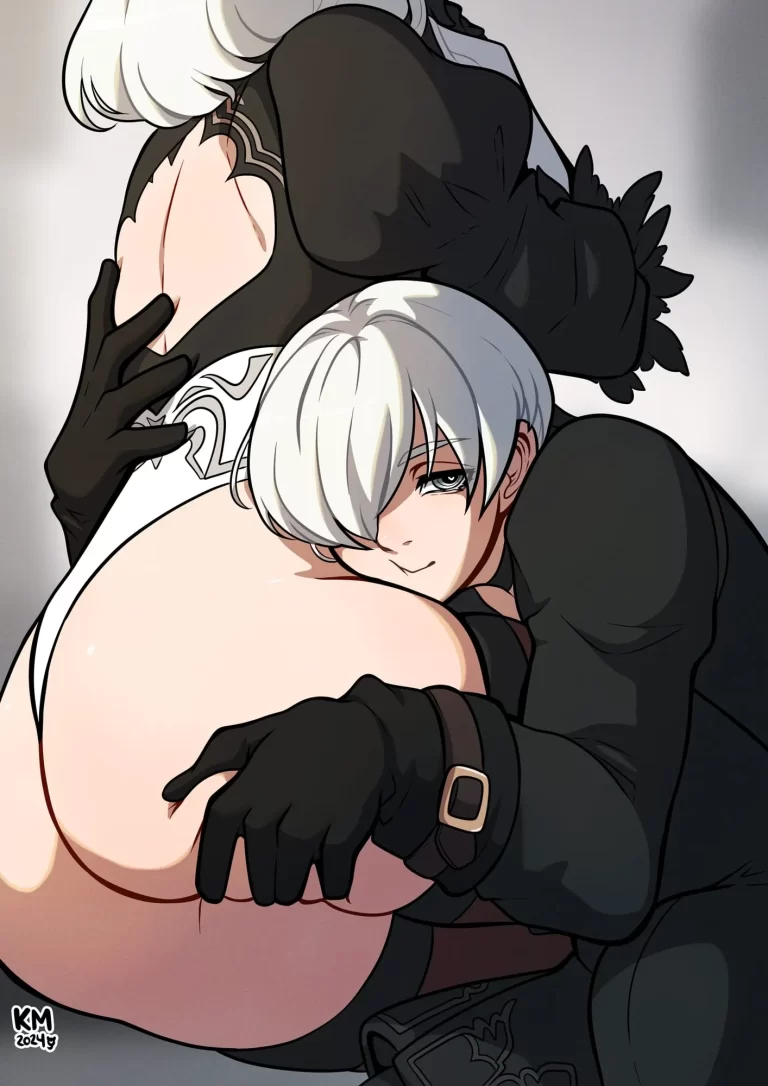 9S pressed his face against 2B's ass and groped her.
