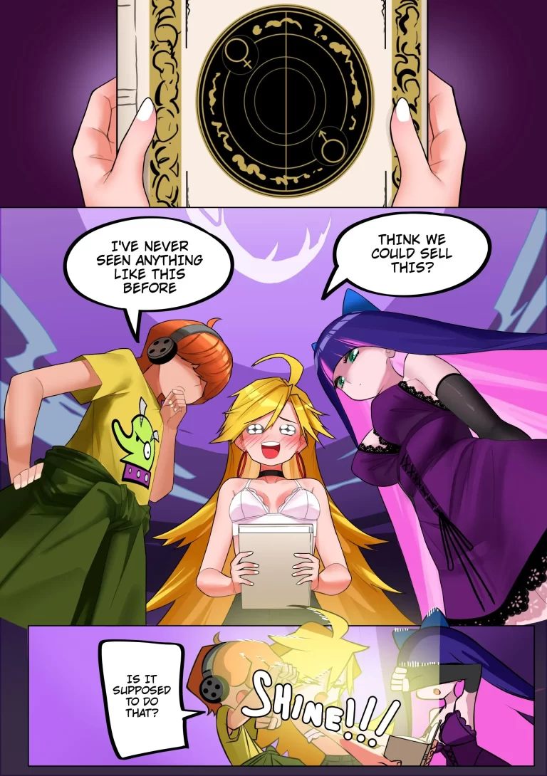 Panty Anarchy and Stocking Anarchy read a spell from a magic book.