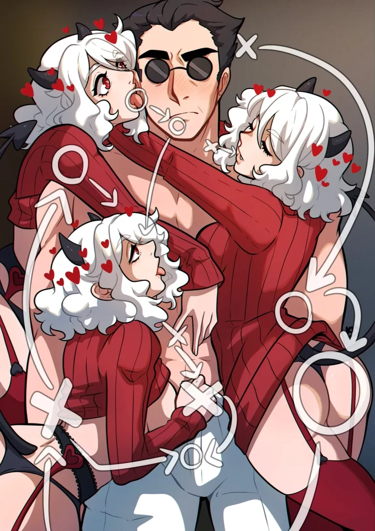 Helltaker seduces Modeus by touching him in different places and kissing him.