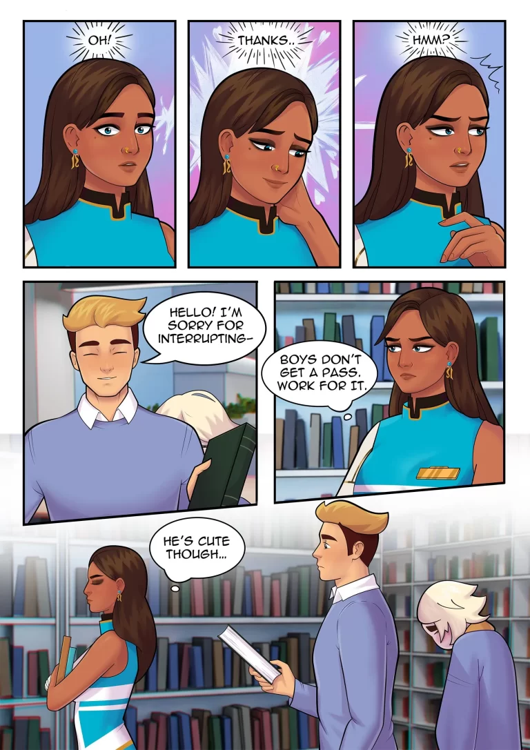 Sitara talks to her friend and her boyfriend in the library.