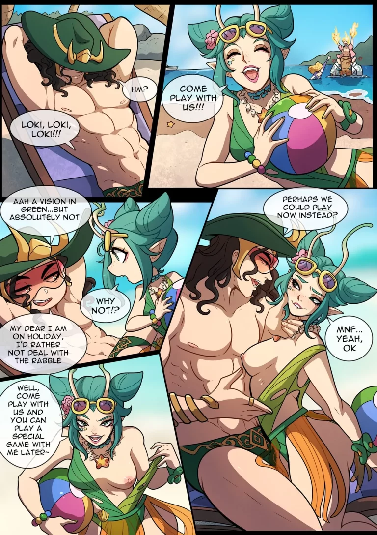 Mantis and Loki flirt with each other on the beach.