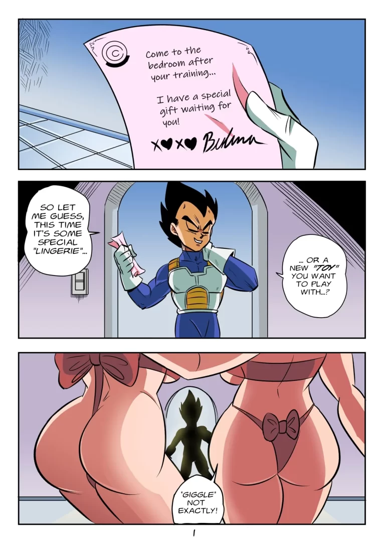 Vegeta read the letter and at home saw Android 18 and Bulma standing half naked.