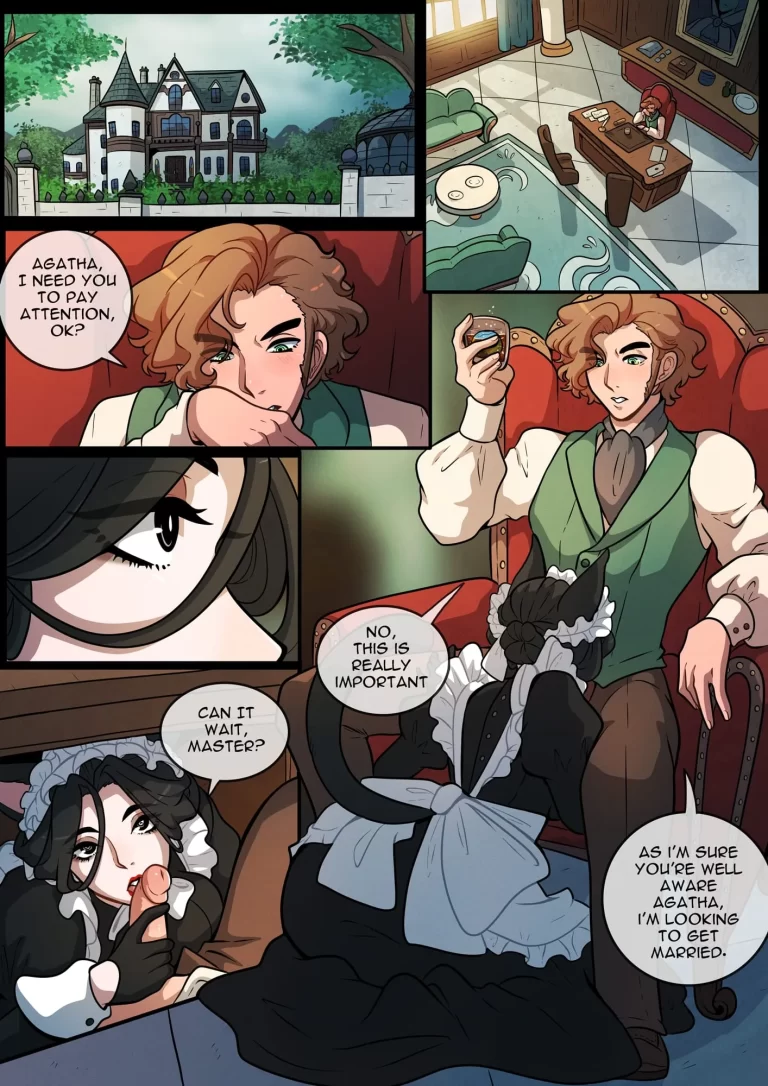 Agatha sits on her knees in front of the master and begins to suck his dick.