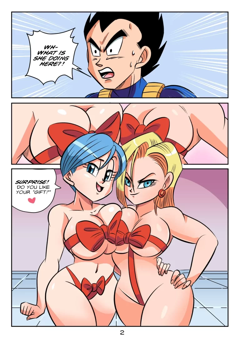 Vegeta is shocked by a naked Android 18 and Bulma.