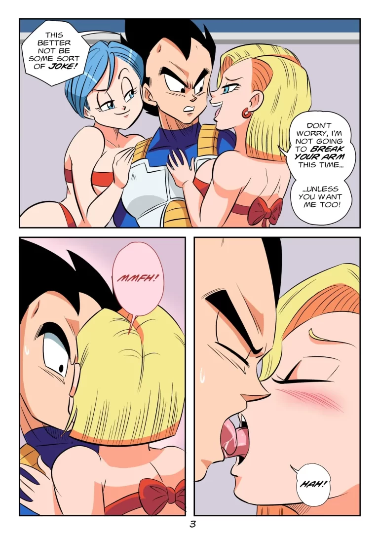 Vegeta kisses a naked Android 18 and Bulma.