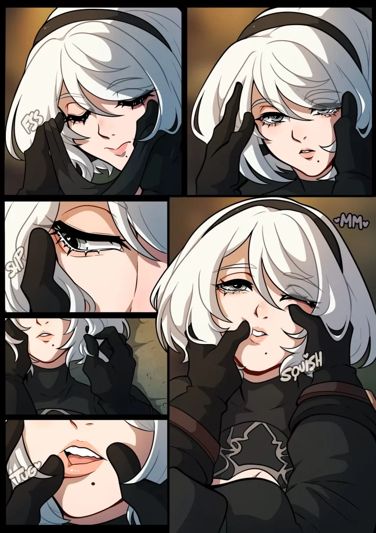 9S gently touches 2B's face.