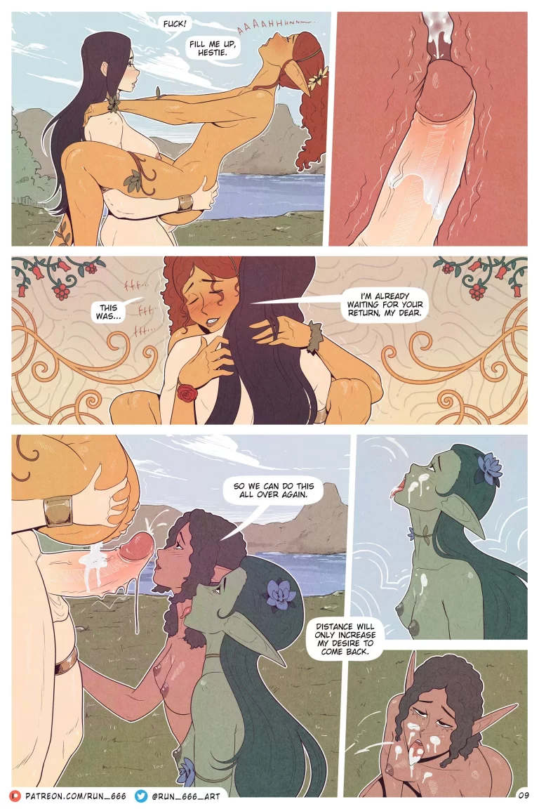 A gladiator girl cums in an elf's pussy.