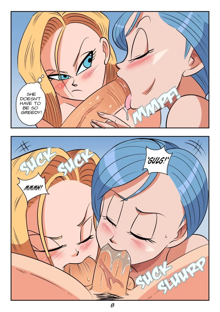 Android 18 and Bulma suck Vegeta's dick.