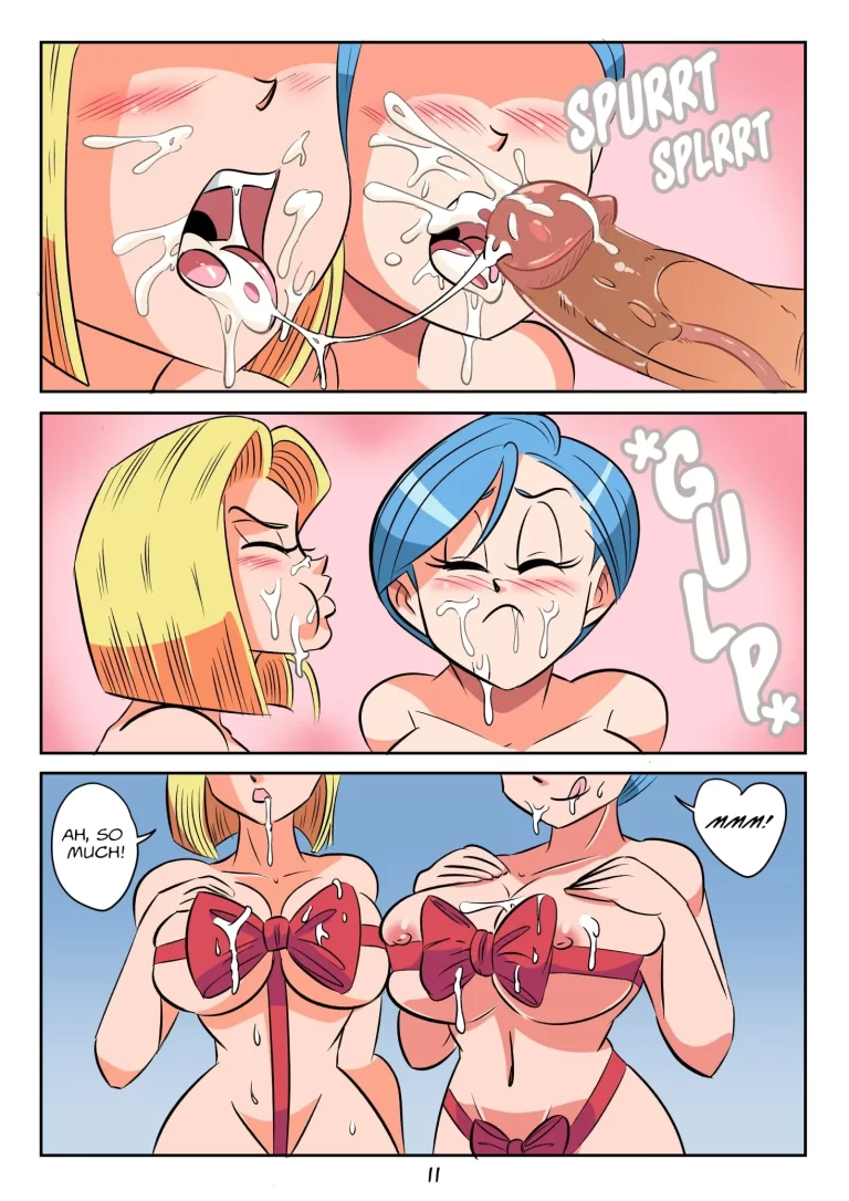 Android 18 and Bulma swallow all the cum.