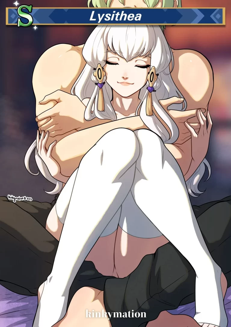 Byleth hugs a half-naked Lysithea.