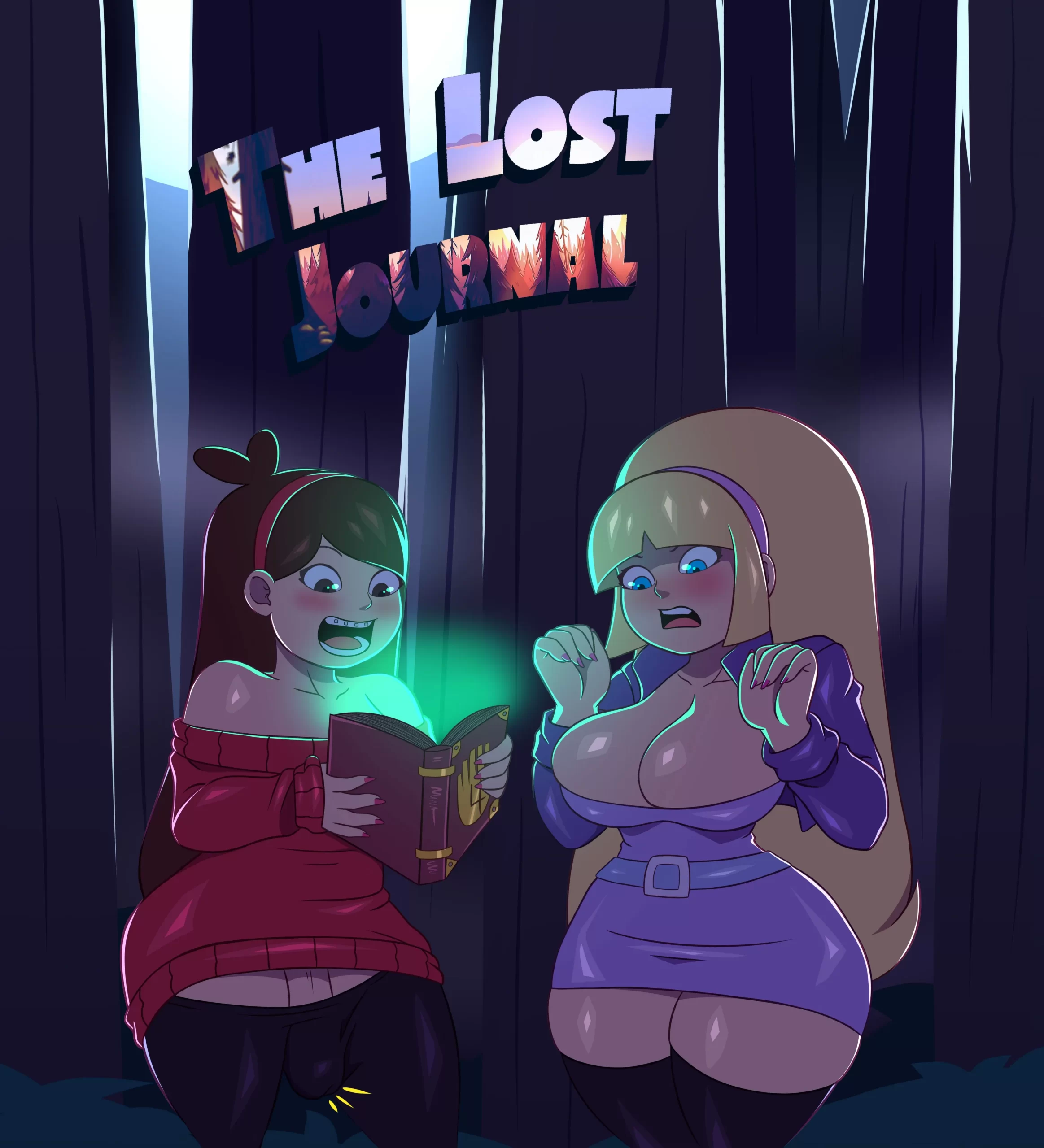 Pacifica Northwest and Mabel Pines stand with huge tits and look at a book.