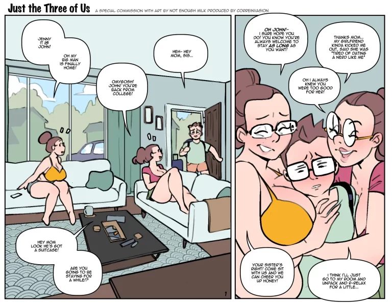 John came home and his mom and Jenny were hugging him with their tits.