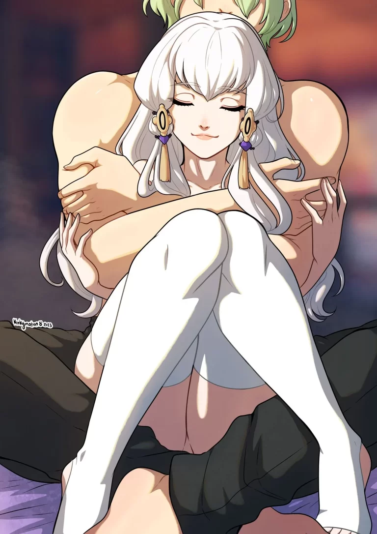 Lysithea in stockings in the arms of Byleth.