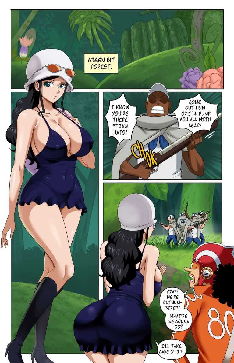 Nico Robin was walking through the jungle and saw soldiers.