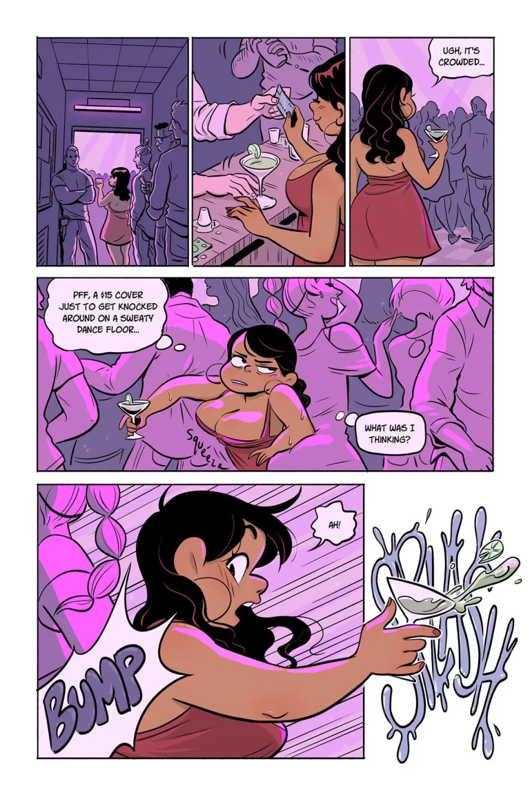 A girl gets pushed at a party and spills her drink.