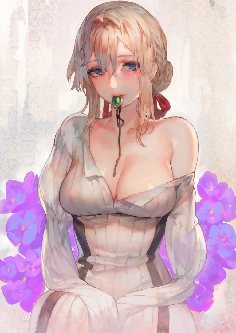Violet Evergarden sits with her collarbones exposed and a medallion in her mouth.