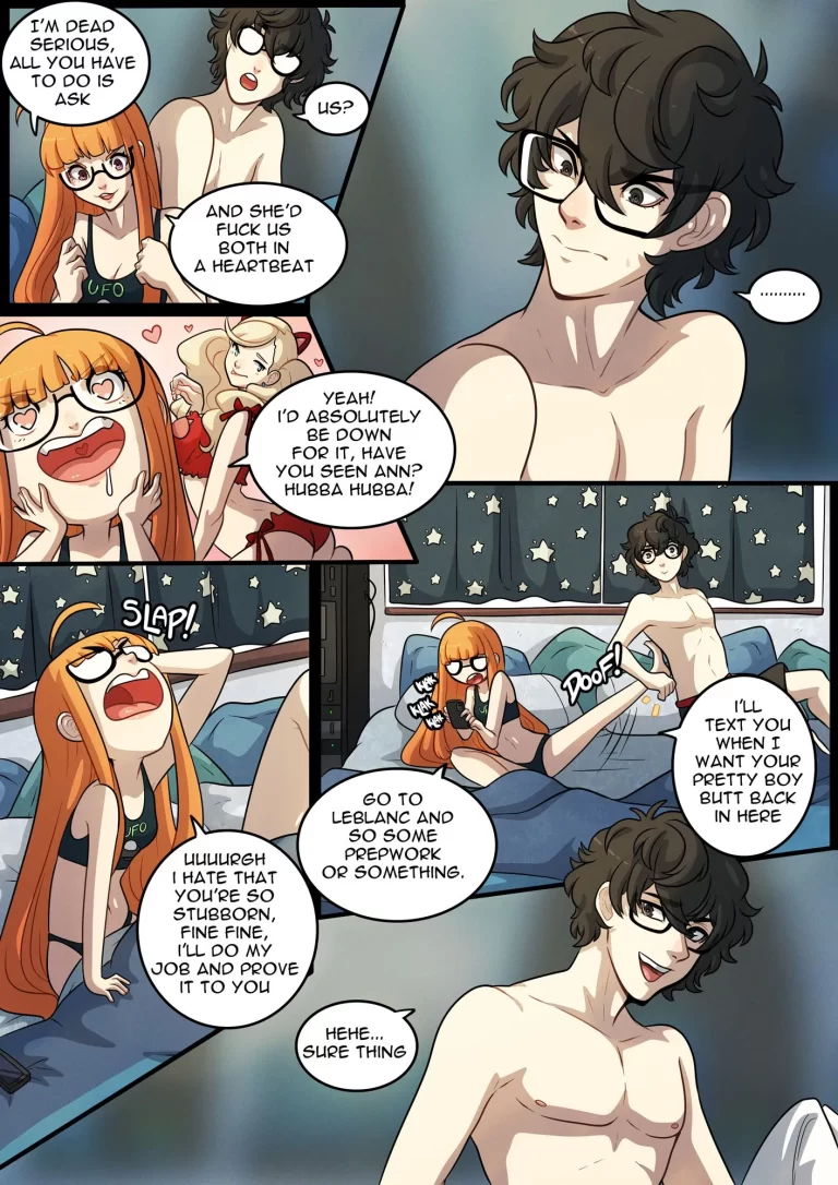 Ren Amamiya are lying in bed and chatting about something with Futaba Sakura.