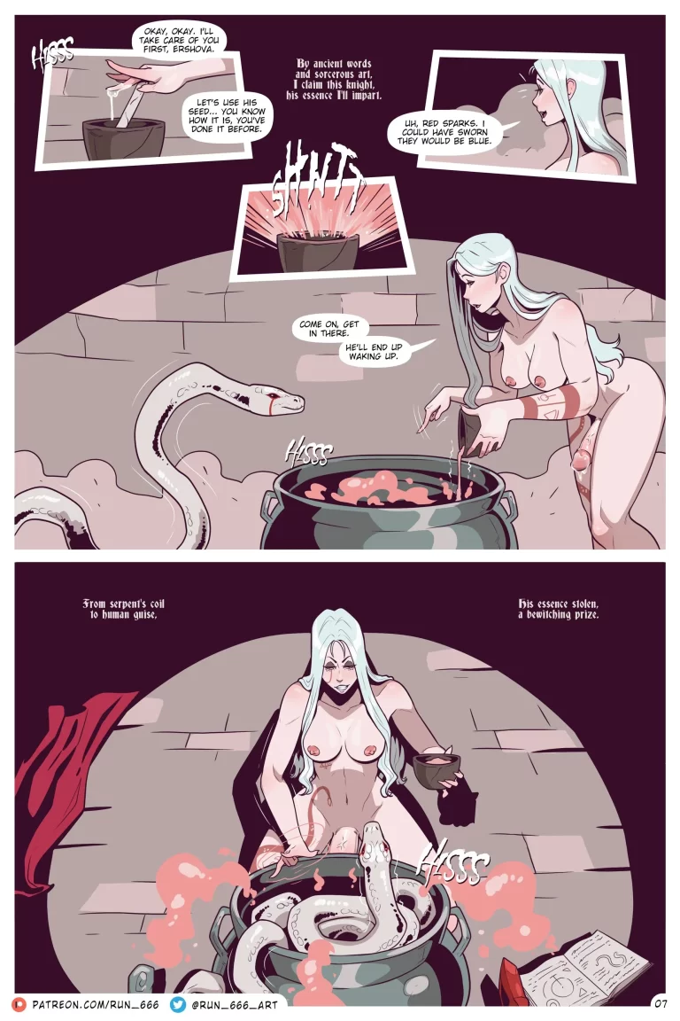 A witch casts a spell over a savage snake.