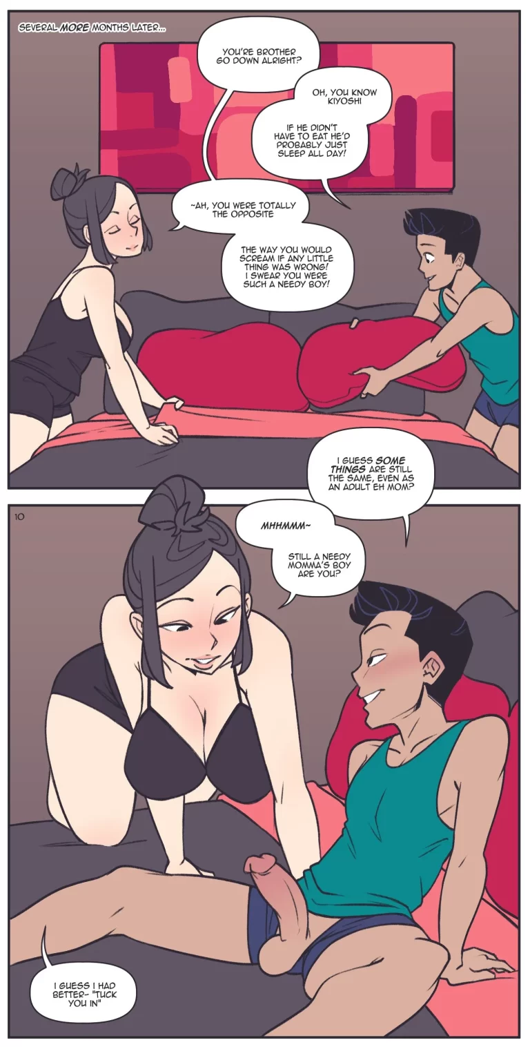 In bed, the son takes out his penis and his mother wants it.